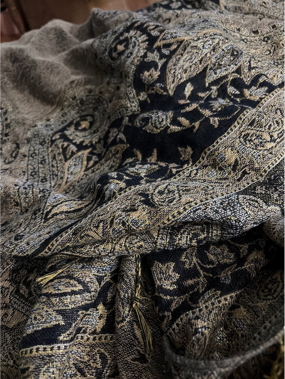 Elegant Black and Gold Pashmina Shawl with Intricate Paisley Design Wool/Silk